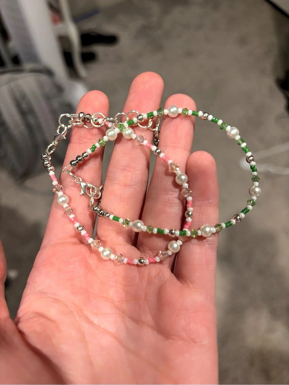 Handmade Beaded bracelets in Green & Pink